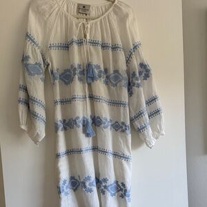 Blue and White Embroidered Dress in linen SMALL